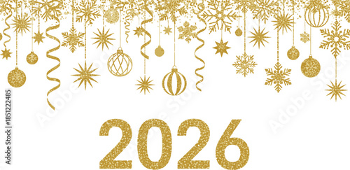 Golden Christmas Decorations and 2026 Year for Holiday Greeting