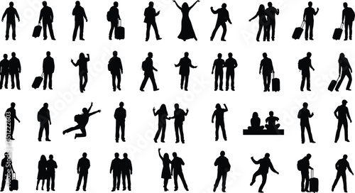 Collection of people silhouettes in various poses with luggage and gestures, black human figures isolated on white background illustration