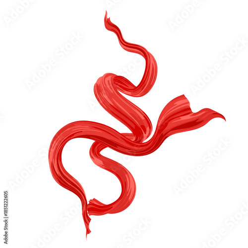 A vibrant red flowing silk fabric or ribbon gracefully swirling and twisting in an elegant, dynamic motion against a clean white background.