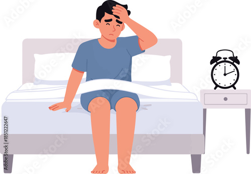 Modern Flat Vector Illustration of Person Trying to Wake Up Early Sitting on Bed Tired