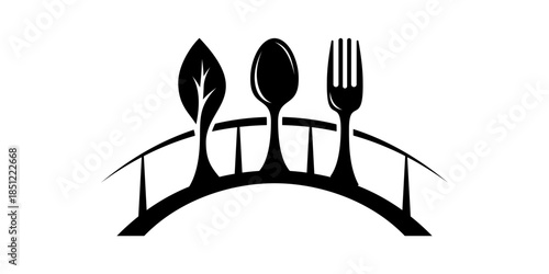 healthy food movement logo. healthy food logo design with elements of a spoon, leaf, and bridge.