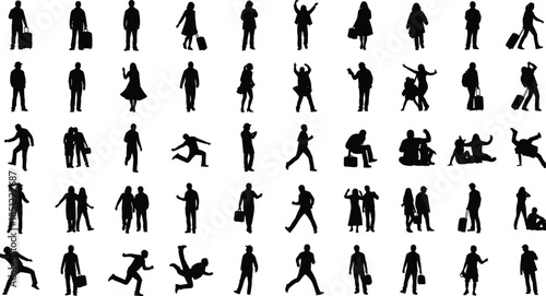 Extensive collection of people silhouettes in dynamic poses with luggage and gestures, black human figures isolated on white background