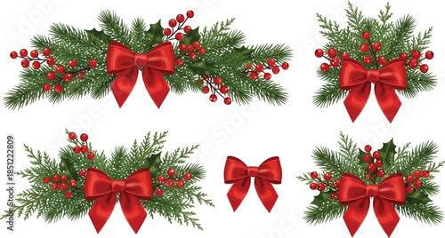 Christmas Decorations Pine Branches Red Bows Berries Arrangement