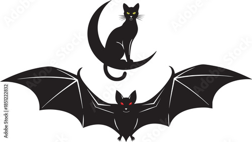 A cute cartoon vector illustration of a black halloween bat and scary vampire silhouette with a pumpkin and spider under the night moon for holiday horror design art