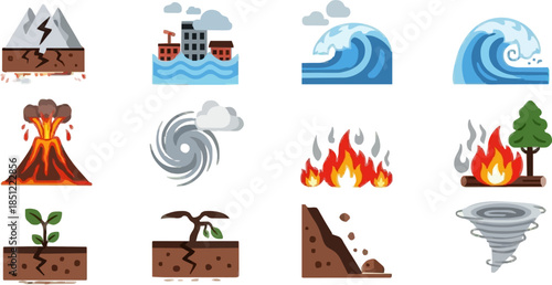 Disaster icons earthquake, volcano, hurricane, tsunami, flood, wildfire, landslide, tornado, and drought