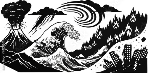 Natural Disasters Collage Volcano, Tsunami, Wildfire, and Hurricane Imagery