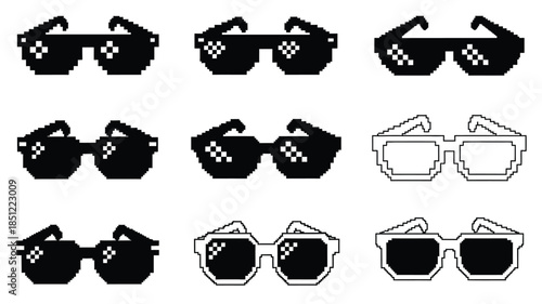 Pixelated sunglasses collection a variety of black and white designs displayed