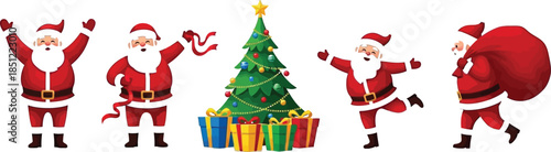 Five Santa Clauses Celebrating Christmas with Tree and Gifts