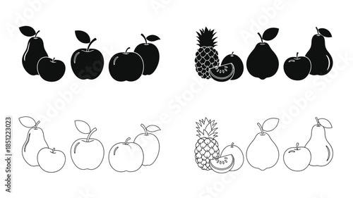 Black and white fruit silhouettes apples pears and a pineapple design