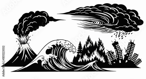 Catastrophic Natural Disasters Destructive Forces of Nature like Volcanoes, Tsunami Waves, Wildfires, and Storms