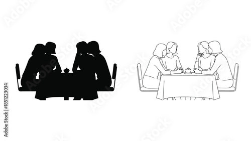 Two contrasting views of people seated around a dining table