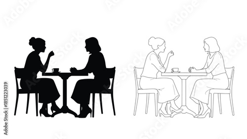 Silhouettes of people seated at tables engaged in conversation or dining