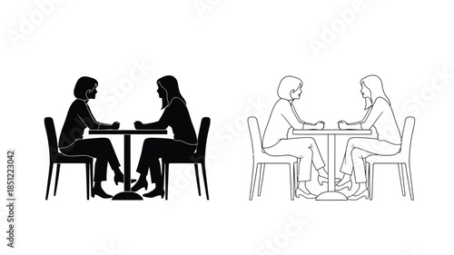 Two pairs of people seated at tables in a simple black and white illustration