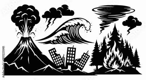 Vector Illustrations of Environmental Catastrophes and Natural Disasters, such as Volcanic Eruption, Wildfire, Tsunami, and Tornado