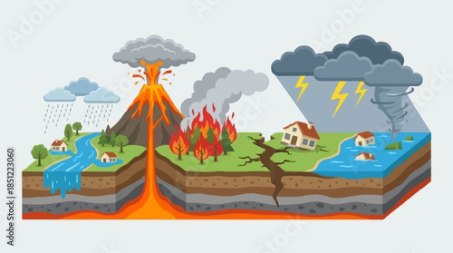 Comprehensive Isometric Illustration of Natural Disasters Volcanoes, Floods, Earthquakes, Wildfires, and Storms