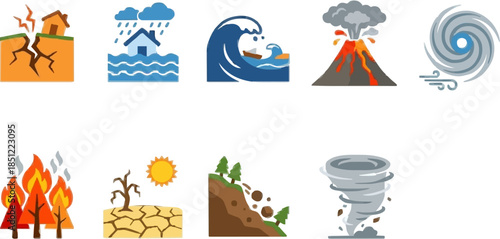 Disaster icons representing various natural calamities and environmental events