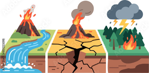 Illustration of Natural Disasters and Environmental Catastrophes Concept with Volcanoes, Earthquakes, and Wildfires