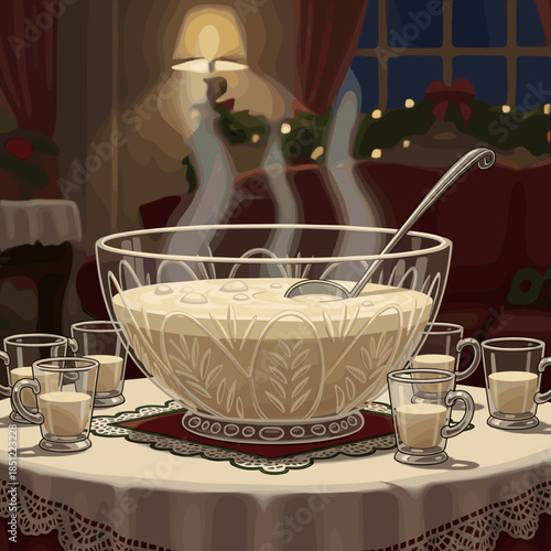 A large crystal punch bowl filled with steaming eggnog and a ladle, surrounded by small mugs on a festive table.