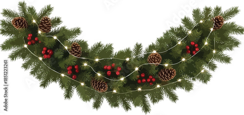 Christmas Garland with Pinecones and Berries Decorated with Lights