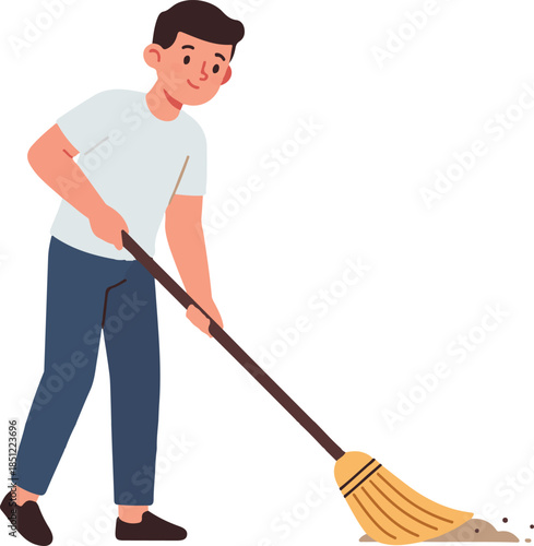 Modern flat vector illustration of adult person sweeping the floor
