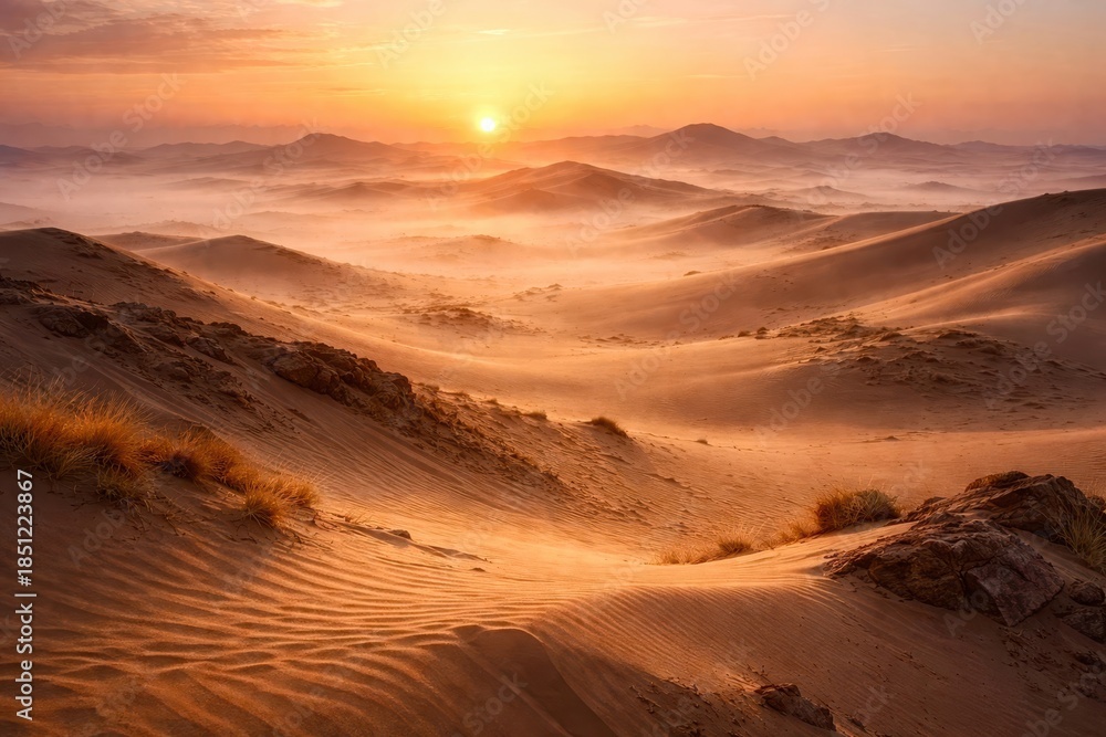 Naklejka premium A desert landscape with a sun setting in the background