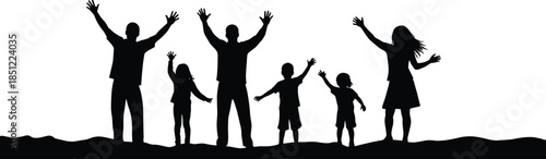Happy family silhouette with parents and children raising hands together, joyful outdoor celebration and unity moment isolated on white background