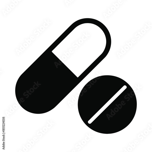 Black and white pill icon on white background