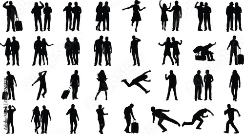 Large collection of people silhouettes in various poses with luggage and gestures, black human figures isolated on white background