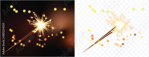 Sparkler burning with bright golden sparks and bokeh lights against a dark background, perfect for celebrations, new year, christmas, birthdays, and festive events