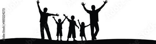 Happy family silhouette with parents and children raising hands together, joyful outdoor unity and bonding moment isolated on white background