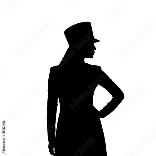Silhouette of a woman wearing a hat and formal attire posing with hands on hips