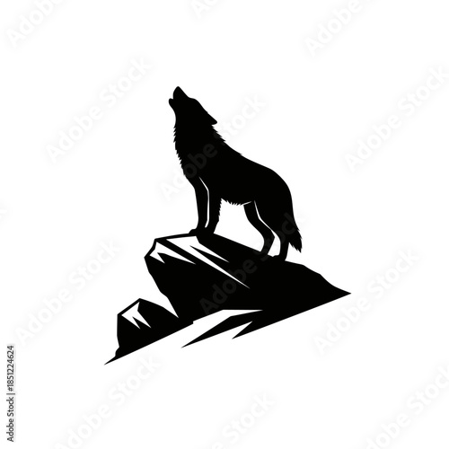 A solitary wolf stands atop a rocky outcrop howling at the moon in silhouette form