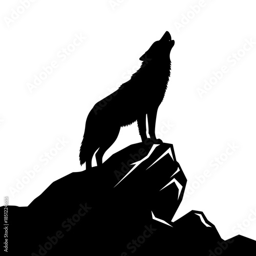 Silhouette of a howling wolf standing atop a rocky outcrop against a bright background