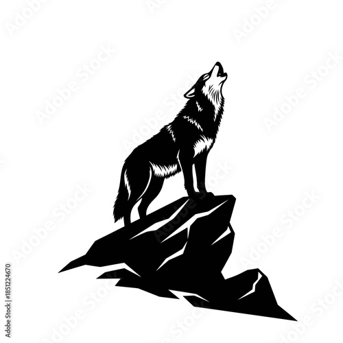 A majestic wolf howling atop a rocky outcrop a striking black and white illustration