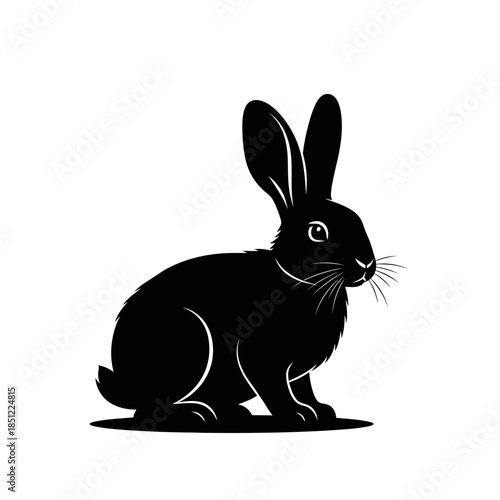 A simple black silhouette of a rabbit sitting in a relaxed and peaceful posture