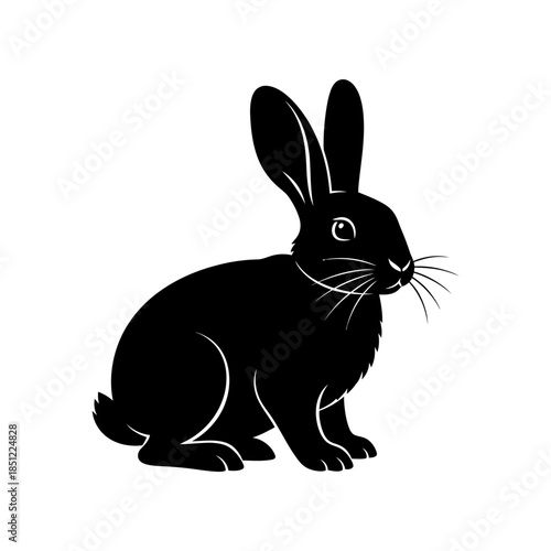 A simple black silhouette of a rabbit sitting and looking forward detailed whiskers present