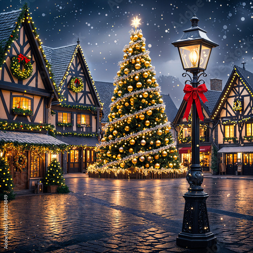 Christmas market square with tree
