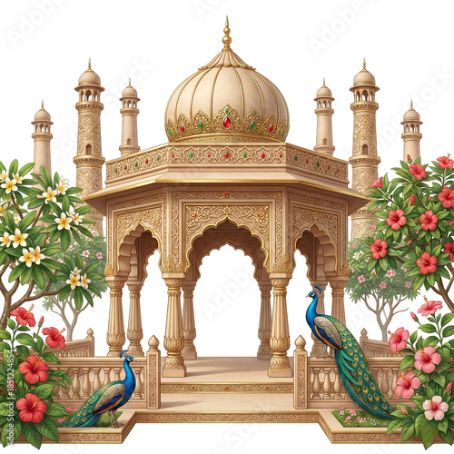 Indian Pavilion with Peacocks and Tropical Flowers architecture dome isolated on a transparent background