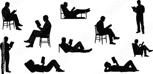 Men reading books silhouette set, male figures sitting standing and lying with books, relaxed learning poses isolated on white background