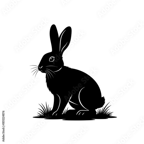 A striking black silhouette of a rabbit sitting amongst blades of grass
