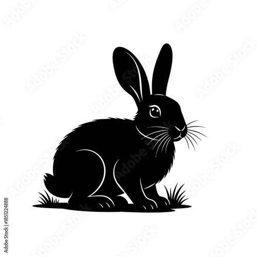 A simple black and white silhouette illustration of a rabbit sitting amongst grass