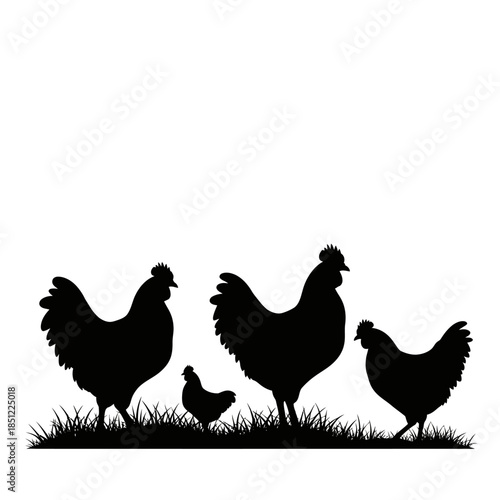 Silhouettes of chickens and chicks foraging in grassy field simple black and white design