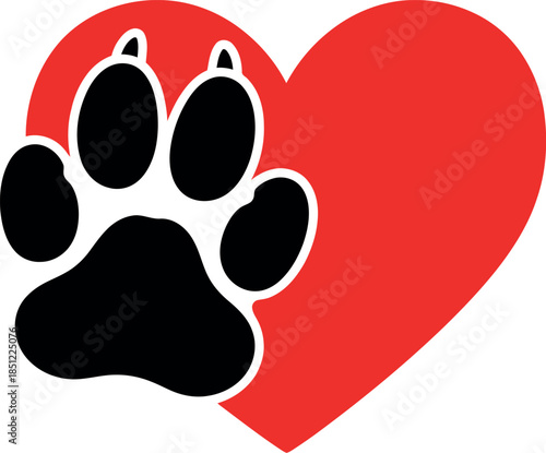 Pet Love Symbol with Black Paw Print and Red Heart for Animal Rescue and Veterinary Care