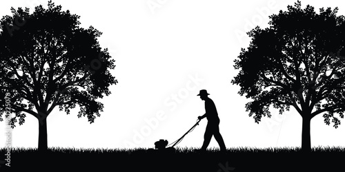 Man silhouette mowing grass between trees, lawn care landscaping concept, outdoor gardening work scene, nature maintenance, isolated black figure