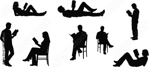 People reading books silhouette set, men and women sitting standing and lying with books, relaxed learning poses isolated on white background