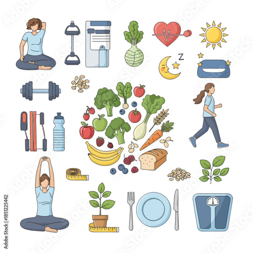 Comprehensive collection of health and wellness icons including exercise food and medical symbols