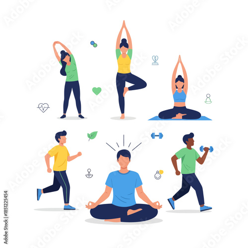 Vibrant illustrations of people engaging in yoga and fitness activities promoting wellness and