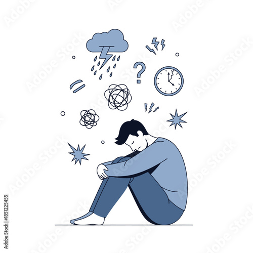 Illustration Depicting Emotional Struggle, Confusion, and Stress with Dark Clouds and Symbols