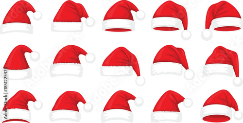 Set of red Santa Claus hats isolated on white background, Christmas holiday headwear collection, festive winter design elements for branding
