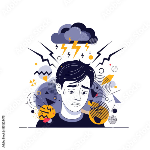 Expressing Emotional Distress and Anxiety Amid Cloud and Lightning Symbolism